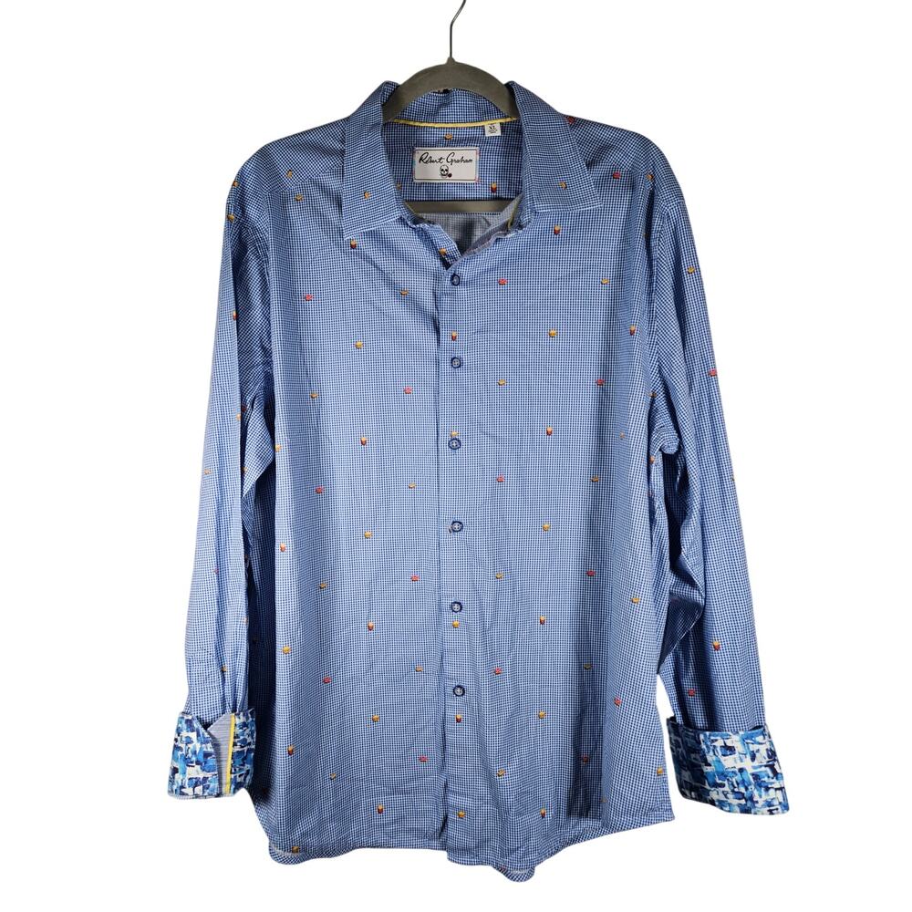 Robert Graham Men's Long Sleeve Shirt‎ XL Blue Fast Food Tailored Fit Casual Fun